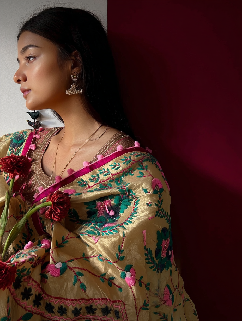 Phulkari Dupatta Hand-Embroidered Chanderi Silk 2.1m x 1m