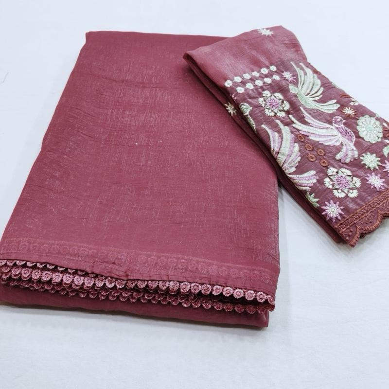 Shimmer Saree (Handloom Cotton) with Floral Embroidered Semi-Stitched Blouse Material