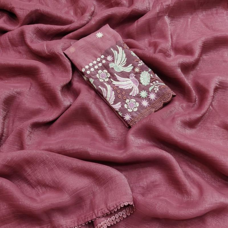 Shimmer Saree (Handloom Cotton) with Floral Embroidered Semi-Stitched Blouse Material