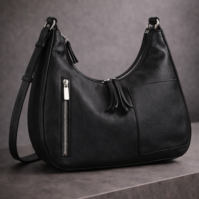 Vanya - Pure Cowhide Leather Bag with Strap and Zipper Detailing - Cowhide Leather
