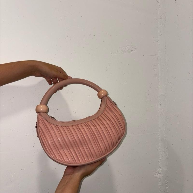 Y2K Pleated & Rouched Shoulder Bag – Half Moon Shape with Beaded Handle