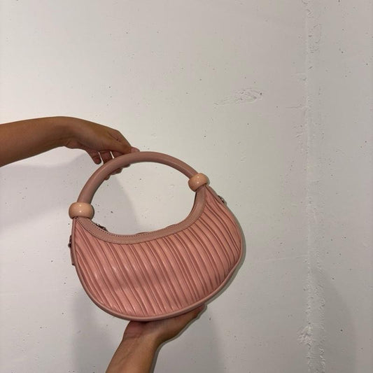 Y2K Pleated & Rouched Shoulder Bag – Half Moon Shape with Beaded Handle