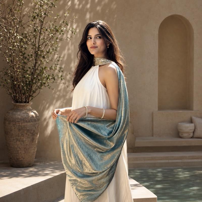 Woman in a white dress and blue dupatta standing by a pool with a neutral background