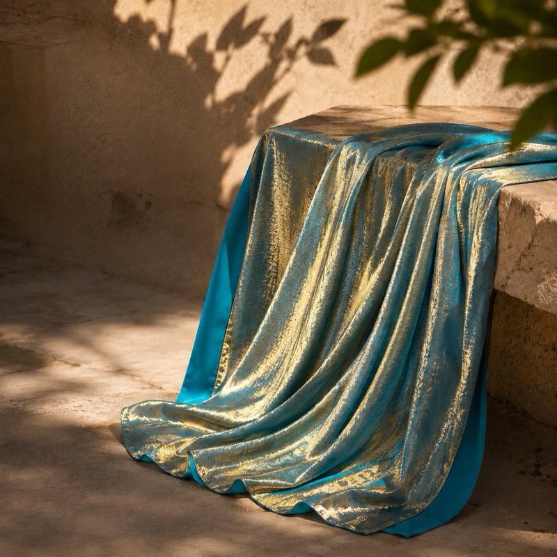 Blue metallic dupatta draped over a stone surface with sunlight casting shadows.