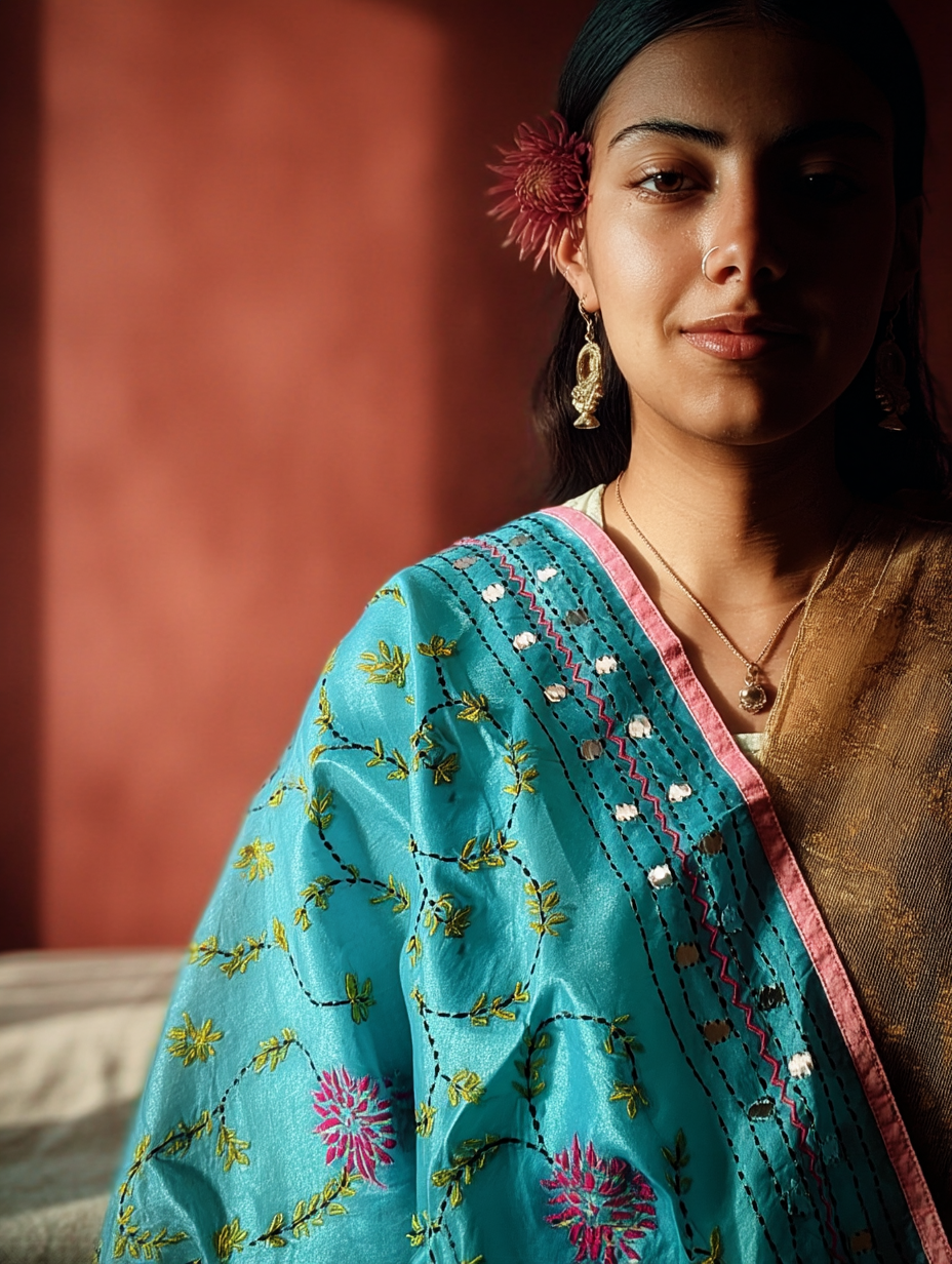 Phulkari Dupatta  Hand-Embroidered Chanderi Silk 2.1m x 1m