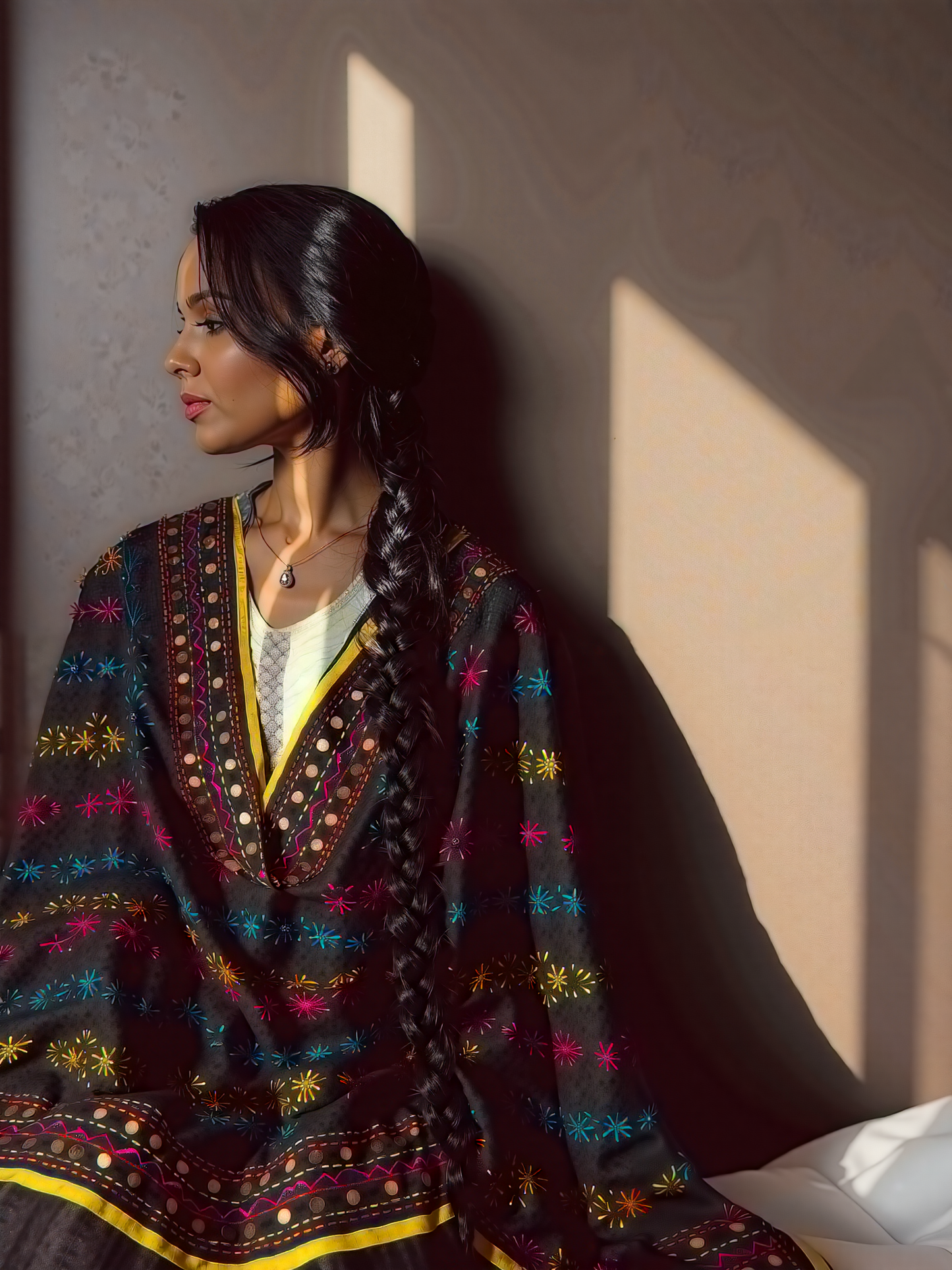 Phulkari Dupatta  Hand-Embroidered Chanderi Silk 2.1m x 1m