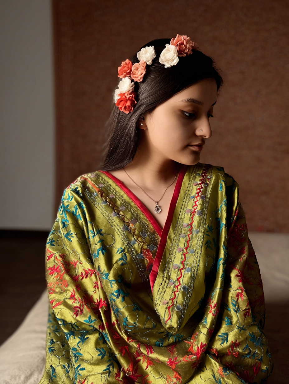 Phulkari Dupatta  Hand-Embroidered Chanderi Silk 2.1m x 1m