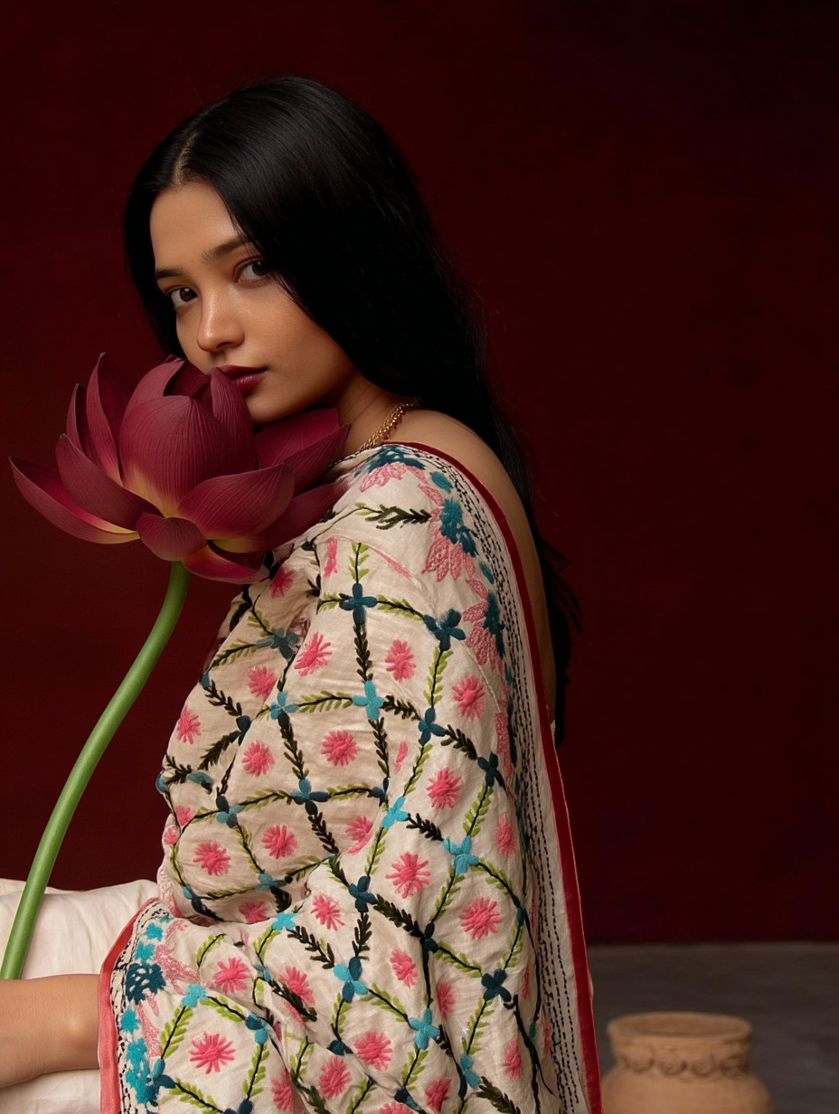 Phulkari Dupatta  Hand-Embroidered Chanderi Silk 2.1m x 1m