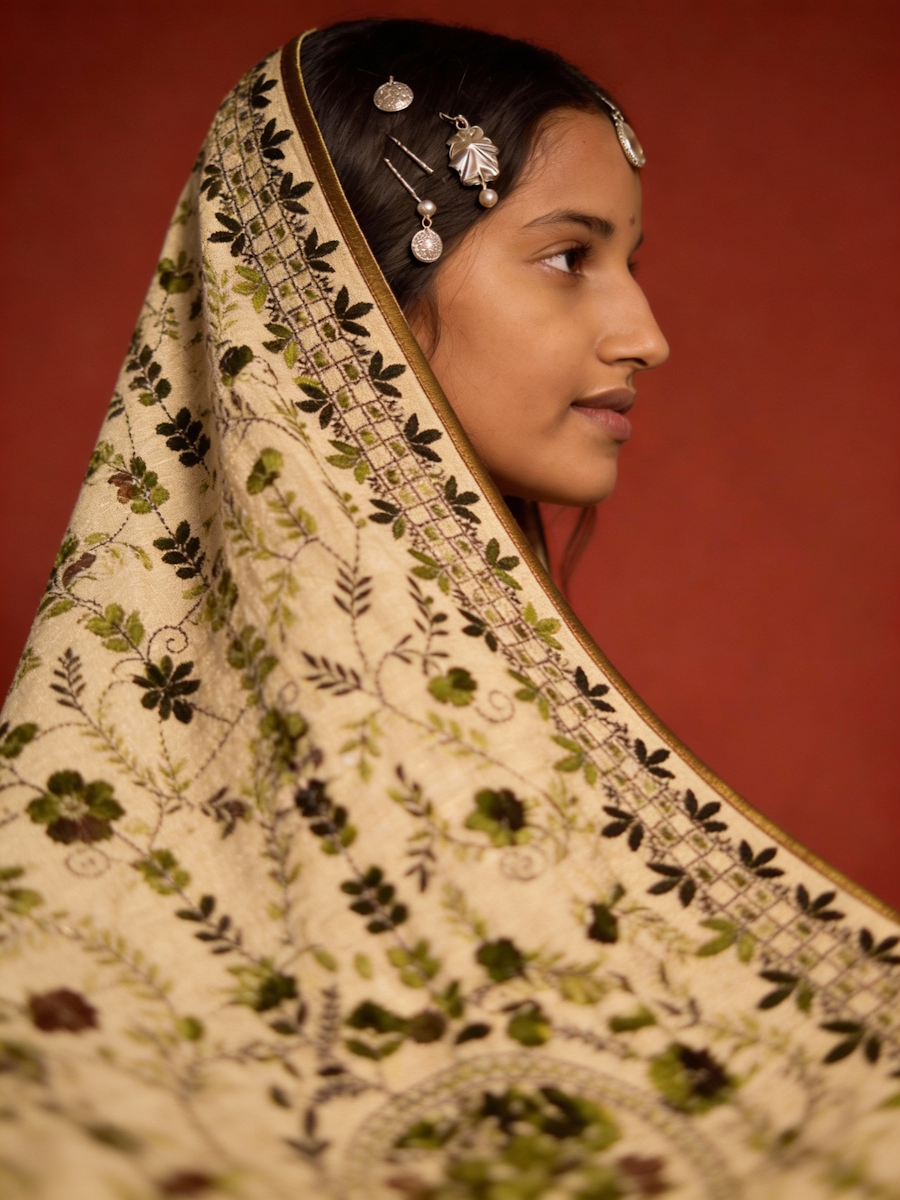 Phulkari Dupatta  Hand-Embroidered Chanderi Silk 2.1m x 1m