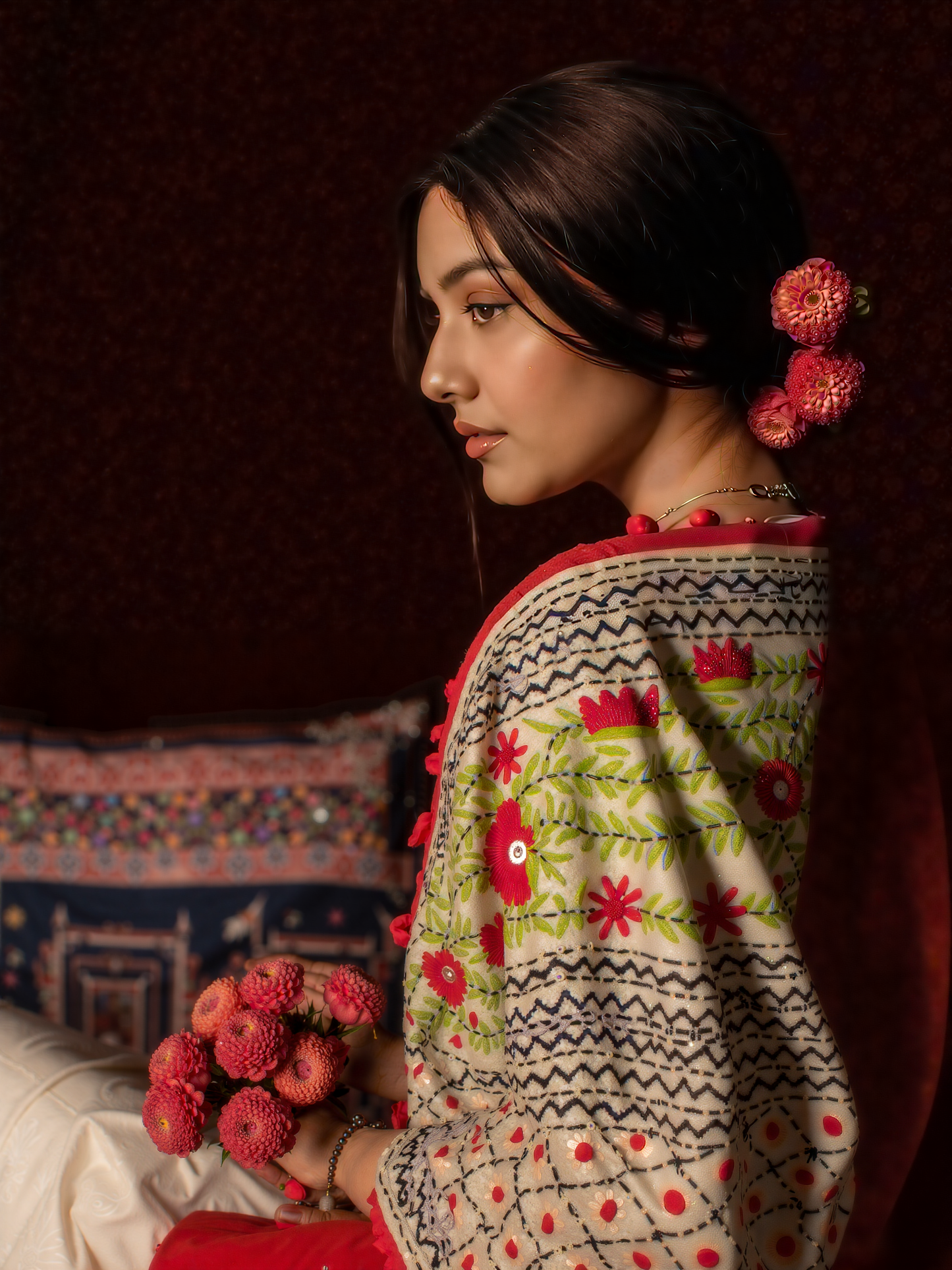 Phulkari Dupatta  Hand-Embroidered Chanderi Silk 2.1m x 1m