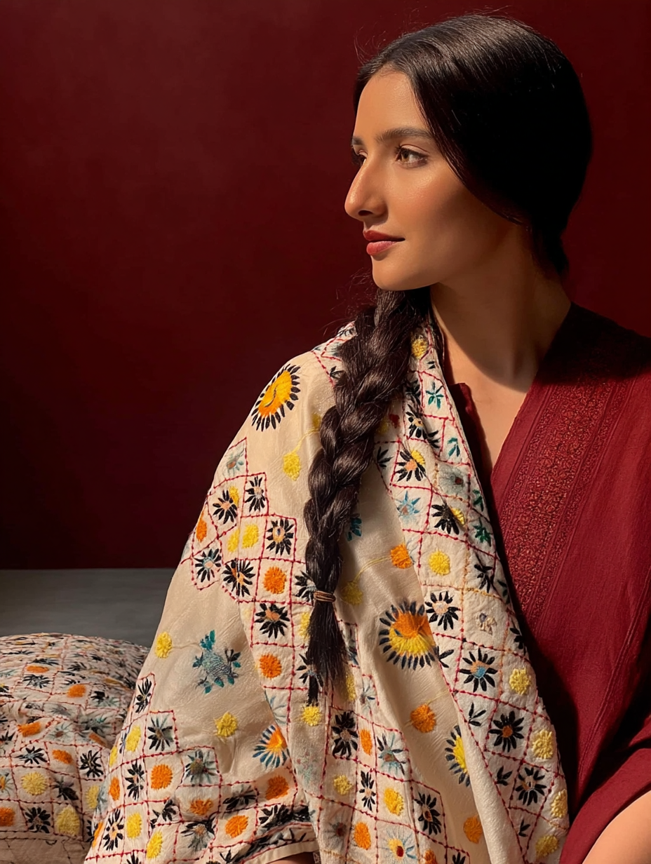 Phulkari Dupatta  Hand-Embroidered Chanderi Silk 2.1m x 1m