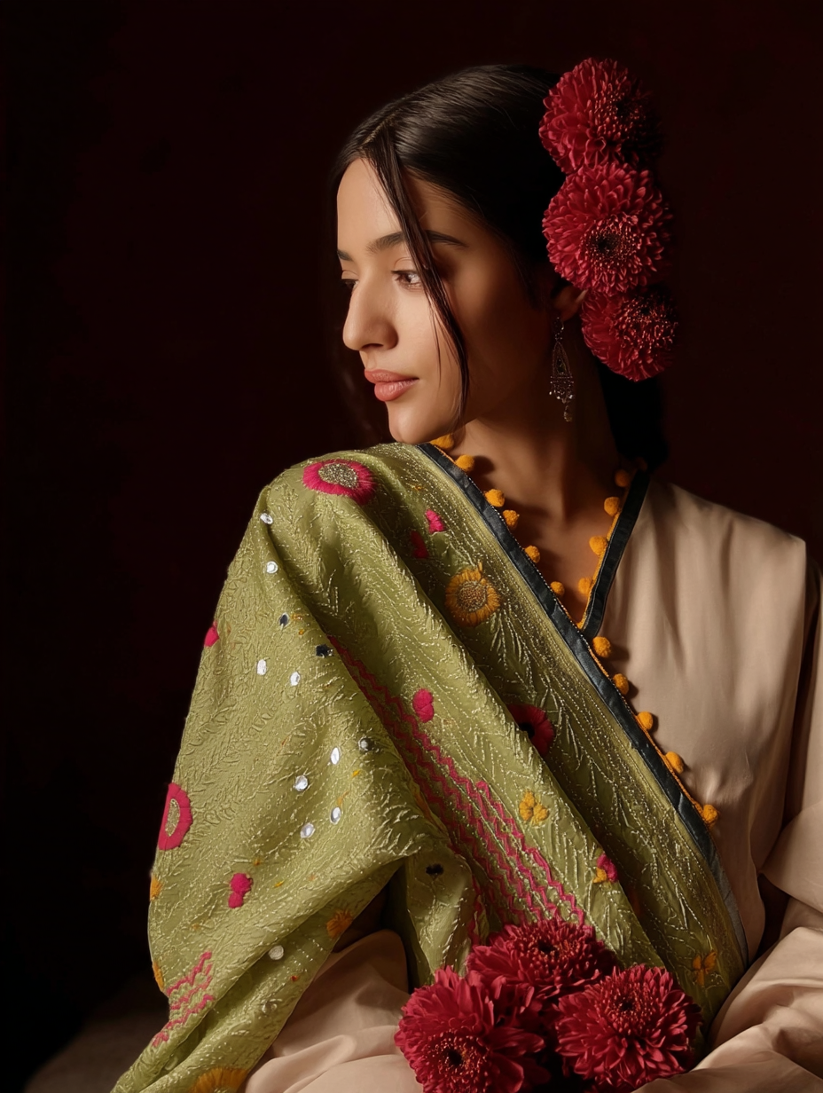 Phulkari Dupatta  Hand-Embroidered Chanderi Silk 2.1m x 1m