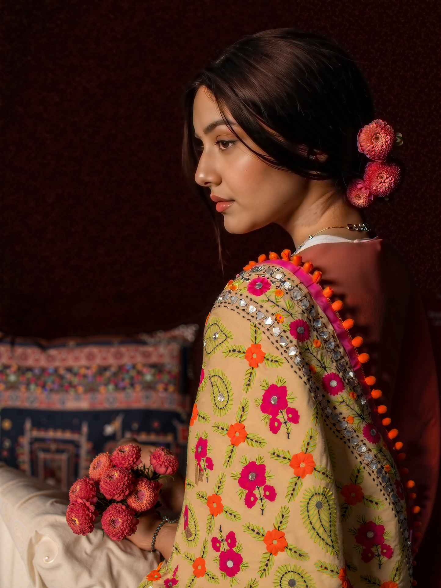 Phulkari Dupatta  Hand-Embroidered Chanderi Silk 2.1m x 1m