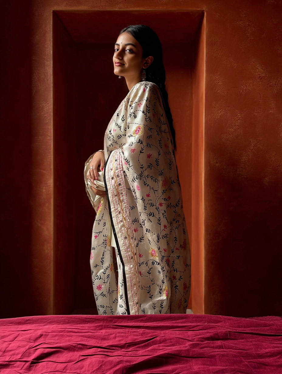 Phulkari Dupatta  Hand-Embroidered Chanderi Silk 2.1m x 1m