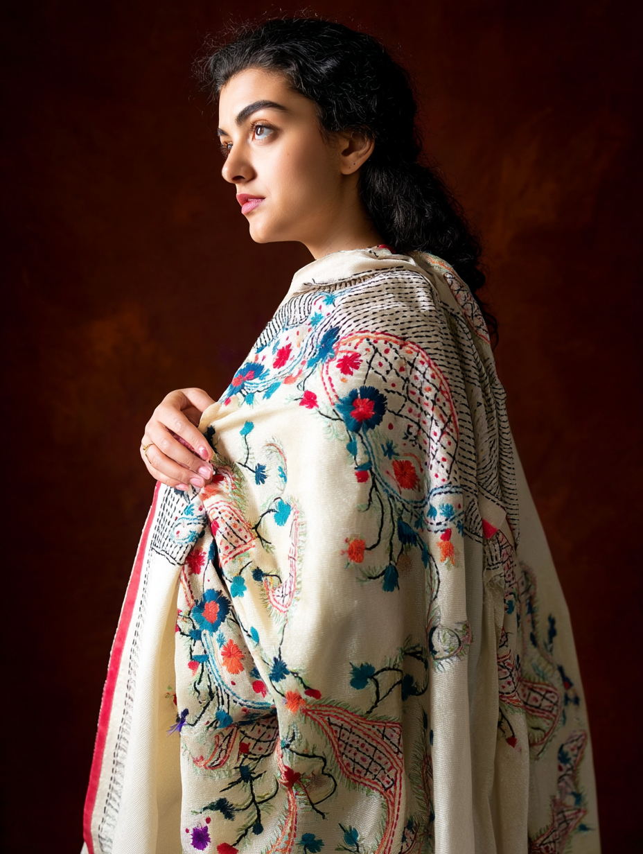 Phulkari Dupatta  Hand-Embroidered Chanderi Silk 2.1m x 1m