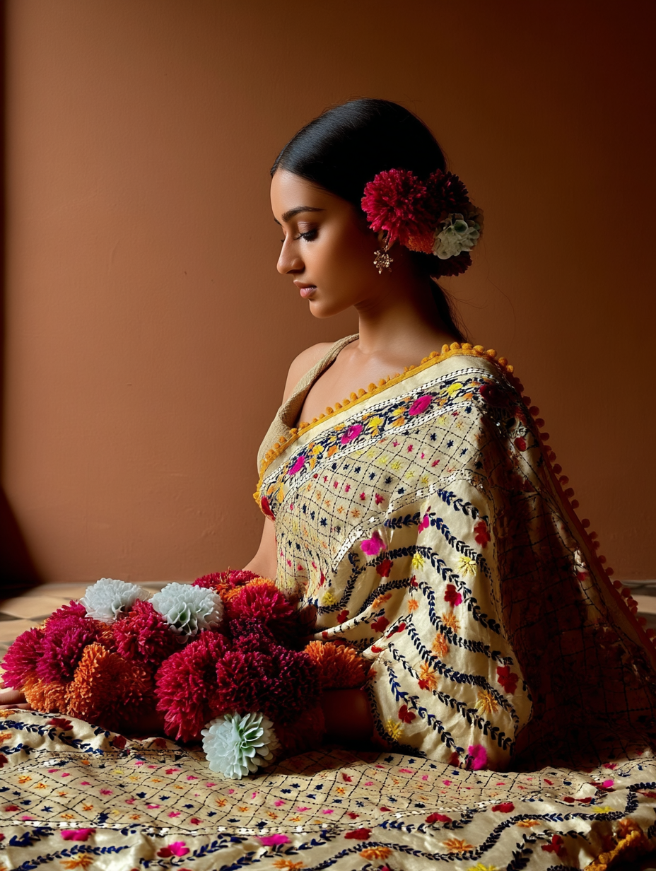 Phulkari Dupatta  Hand-Embroidered Chanderi Silk 2.1m x 1m