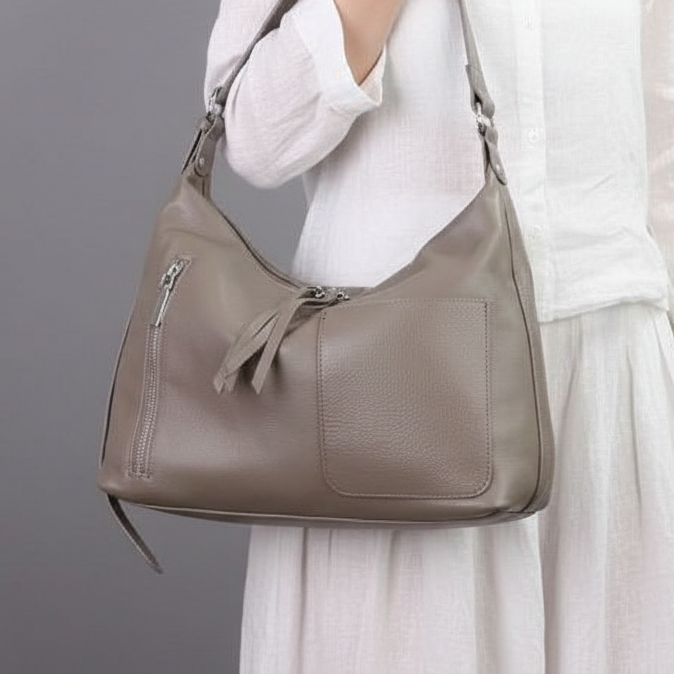 Vanya - Pure Cowhide Leather Bag with Strap and Zipper Detailing - Cowhide Leather