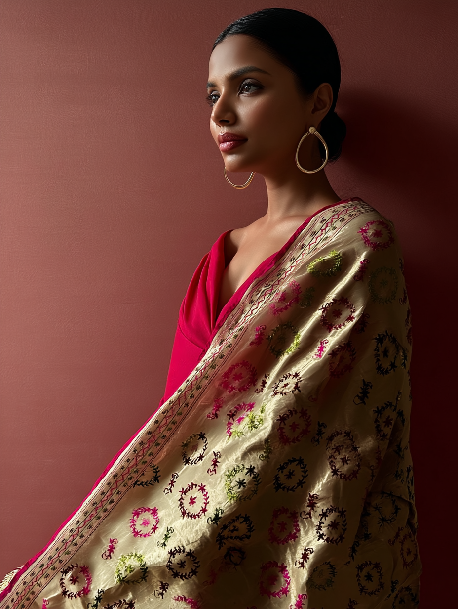 Phulkari Dupatta  Hand-Embroidered Chanderi Silk 2.1m x 1m