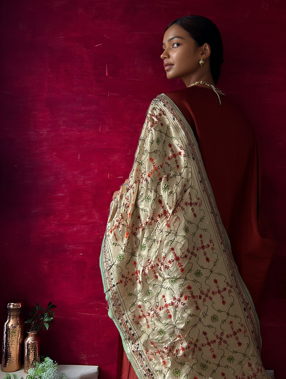 Phulkari Dupatta  Hand-Embroidered Chanderi Silk 2.1m x 1m