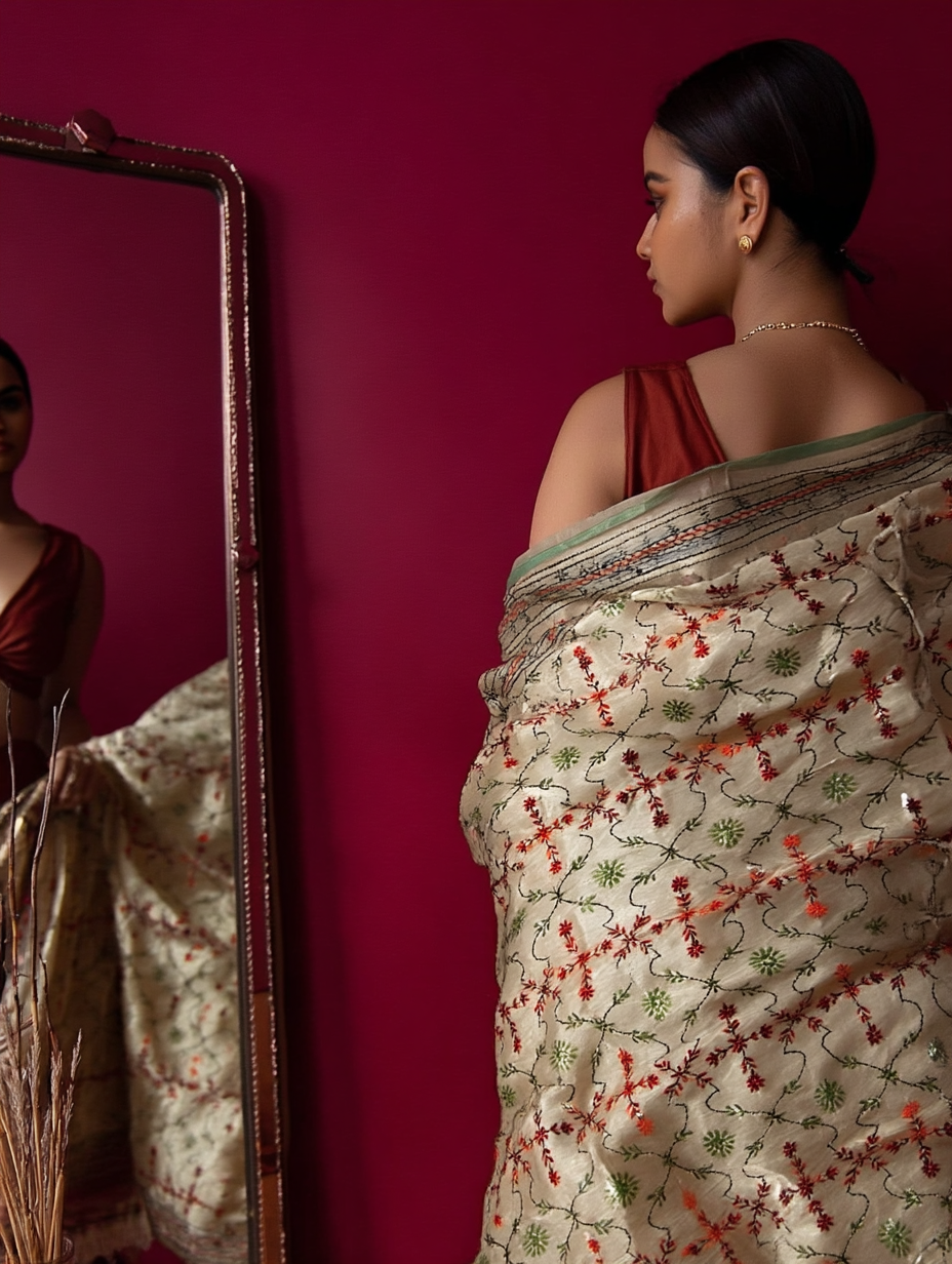 Phulkari Dupatta  Hand-Embroidered Chanderi Silk 2.1m x 1m