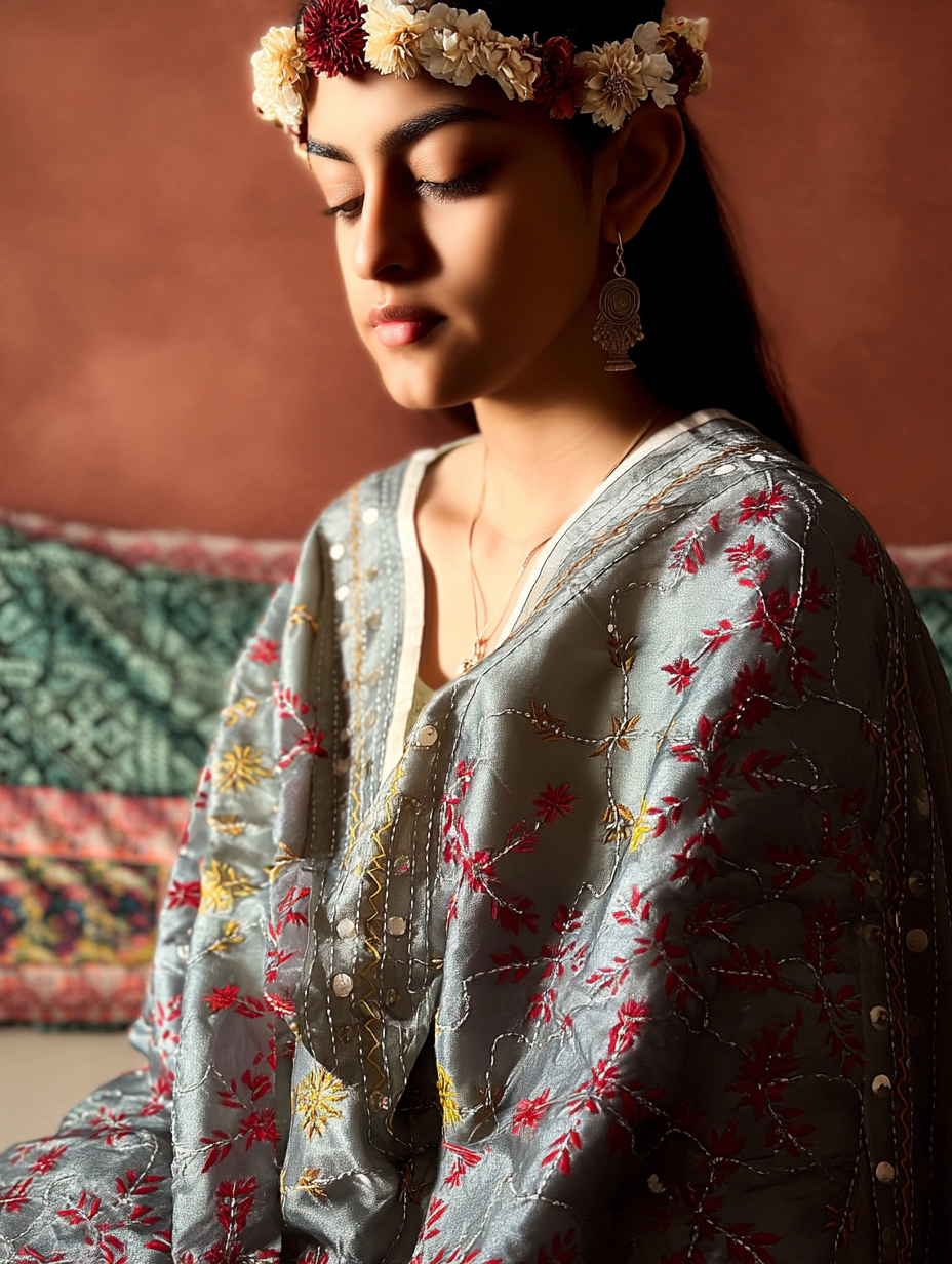 Phulkari Dupatta  Hand-Embroidered Chanderi Silk 2.1m x 1m