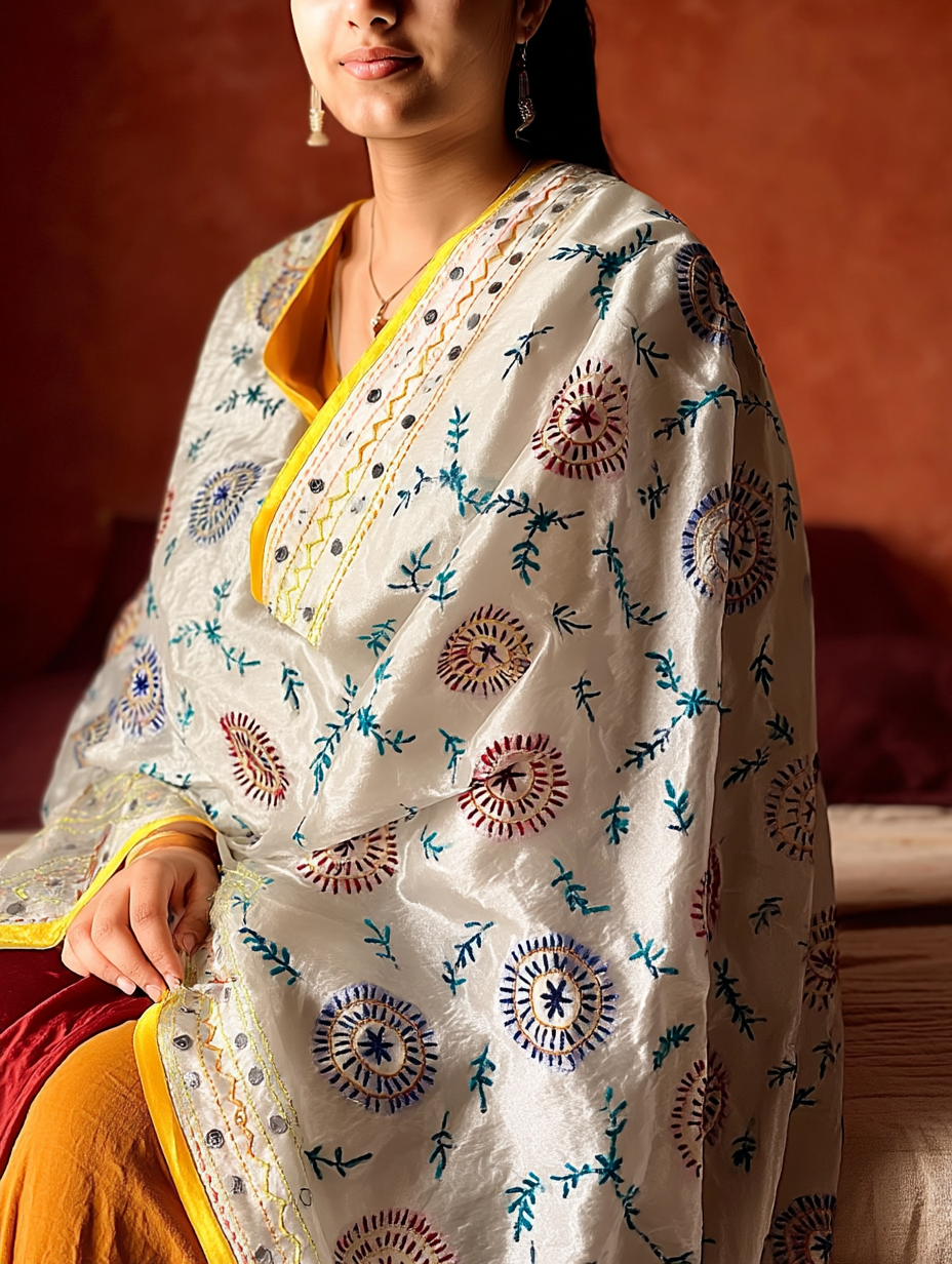 Phulkari Dupatta  Hand-Embroidered Chanderi Silk 2.1m x 1m