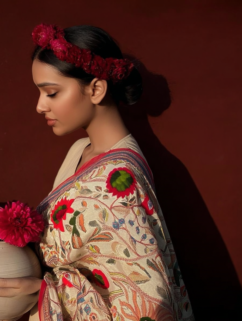 Motifs of Punjab Hand Embroidered Phulkari Dupatta Chanderi Silk Pure