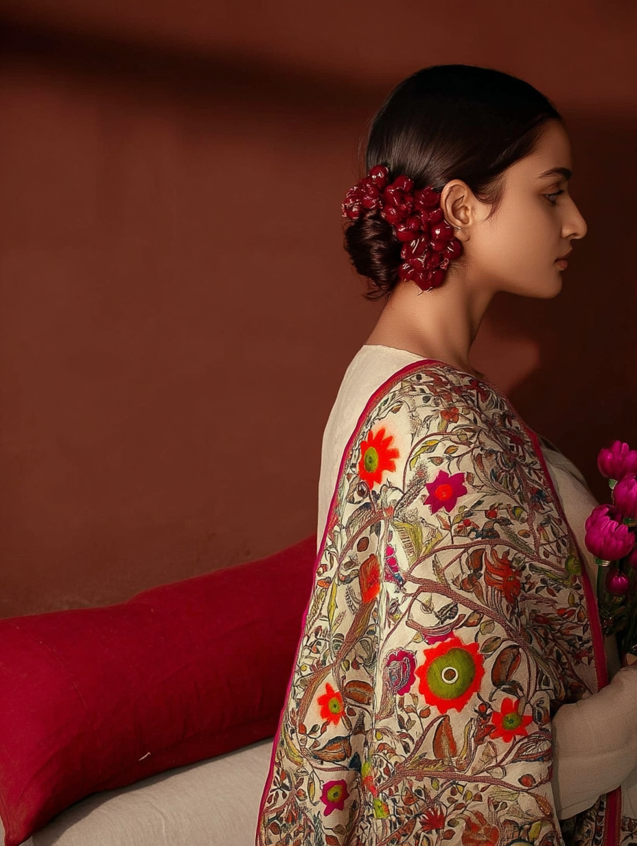 Motifs of Punjab Hand Embroidered Phulkari Dupatta Chanderi Silk Pure