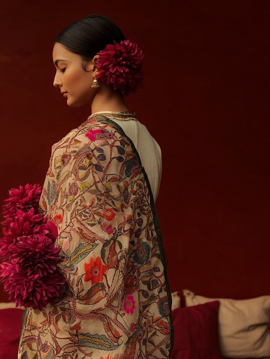 Motifs of Punjab Hand Embroidered Phulkari Dupatta Chanderi Silk Pure