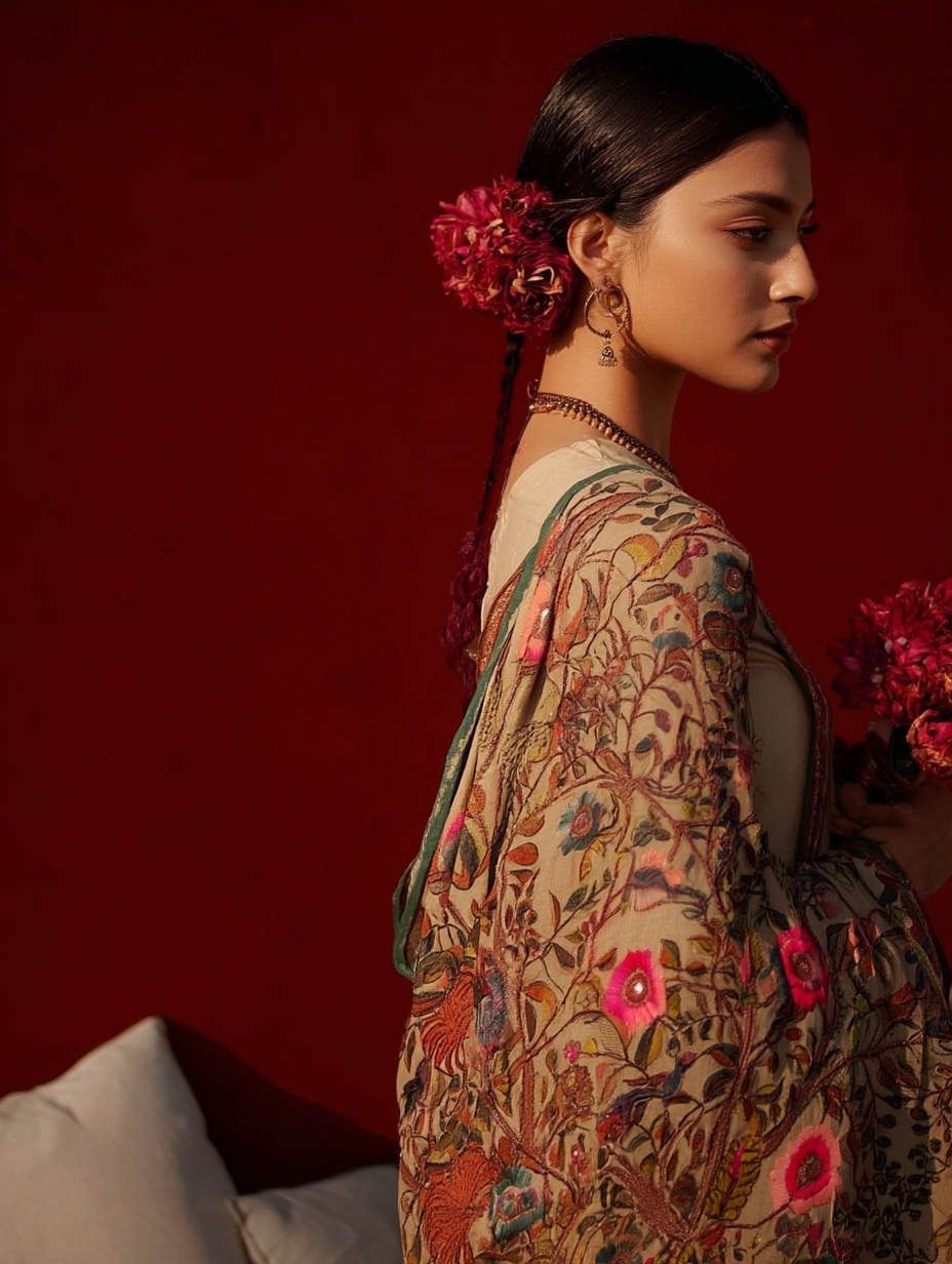 Motifs of Punjab Hand Embroidered Phulkari Dupatta Chanderi Silk Pure