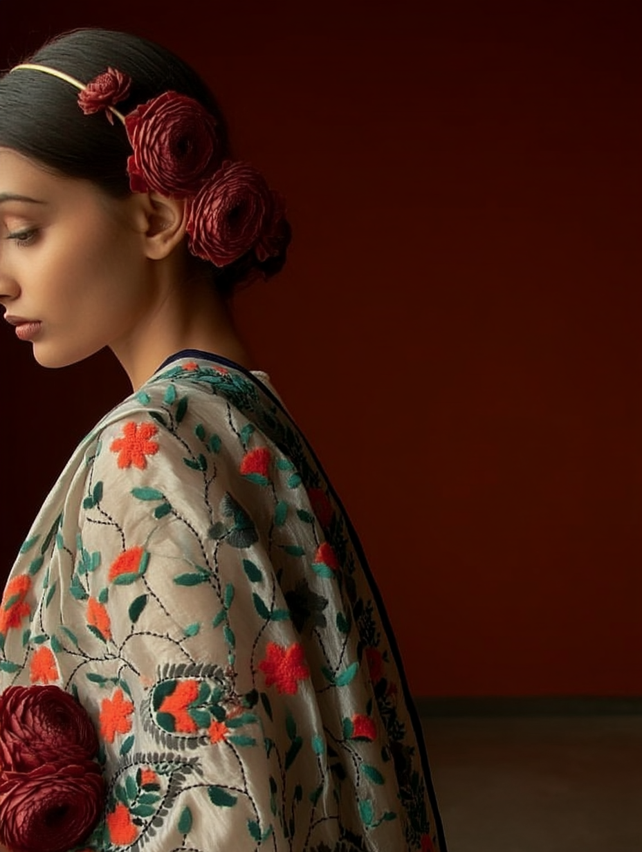 Motifs of Punjab Hand Embroidered Phulkari Dupatta Chanderi Silk Pure