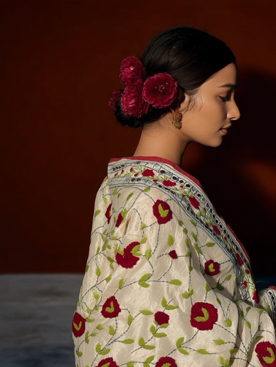 Motifs of Punjab Hand Embroidered Phulkari Dupatta Chanderi Silk Pure