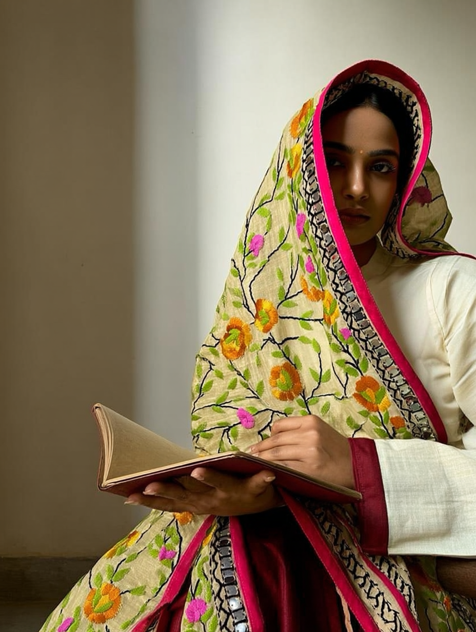 Motifs of Punjab Hand Embroidered Phulkari Dupatta Chanderi Silk Pure