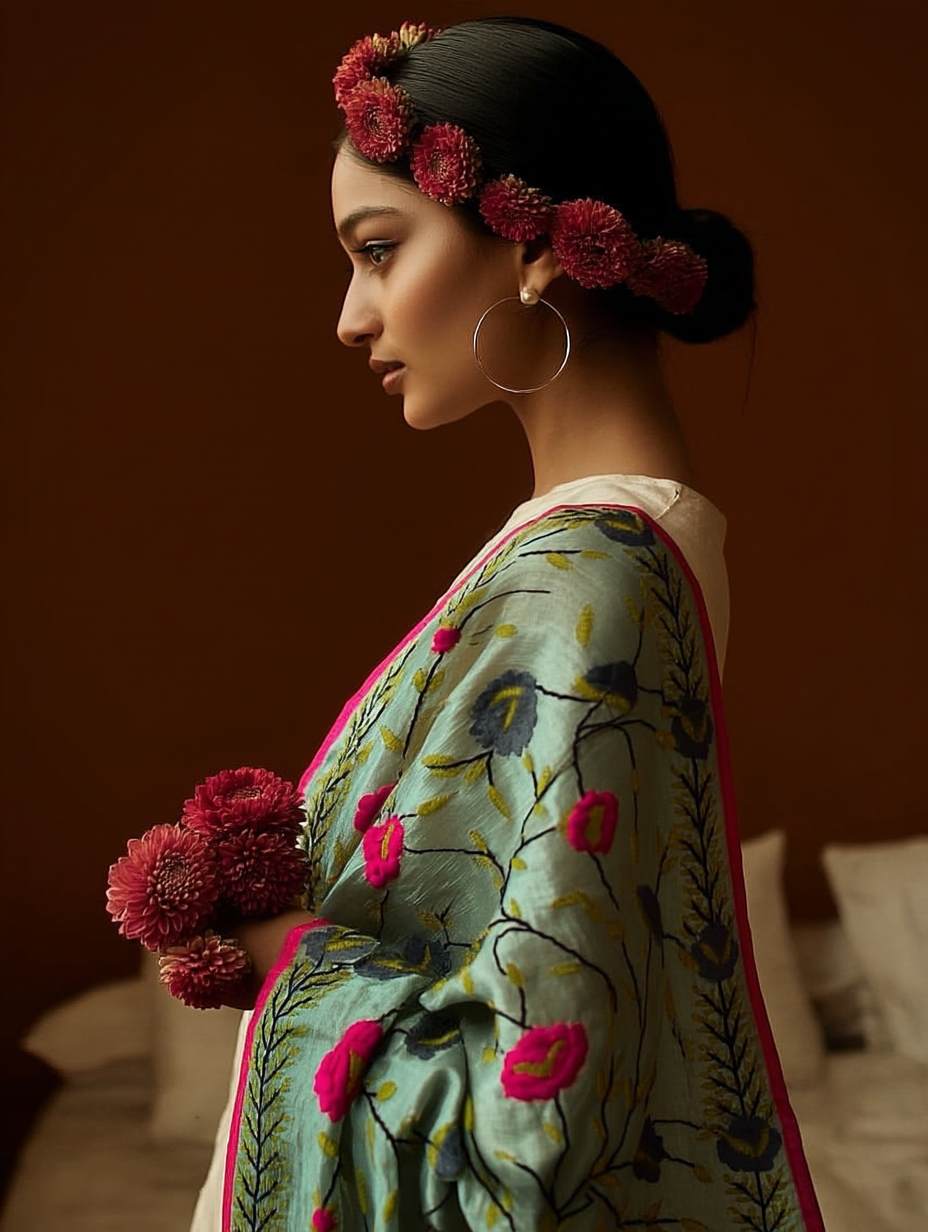 Motifs of Punjab Hand Embroidered Phulkari Dupatta Chanderi Silk Pure