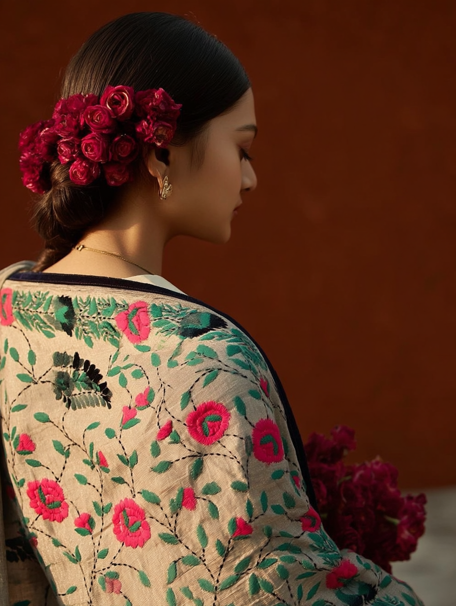 Motifs of Punjab Hand Embroidered Phulkari Dupatta Chanderi Silk Pure