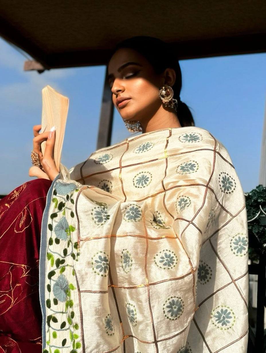 Motifs of Punjab Hand Embroidered Phulkari Dupatta Chanderi Silk Pure