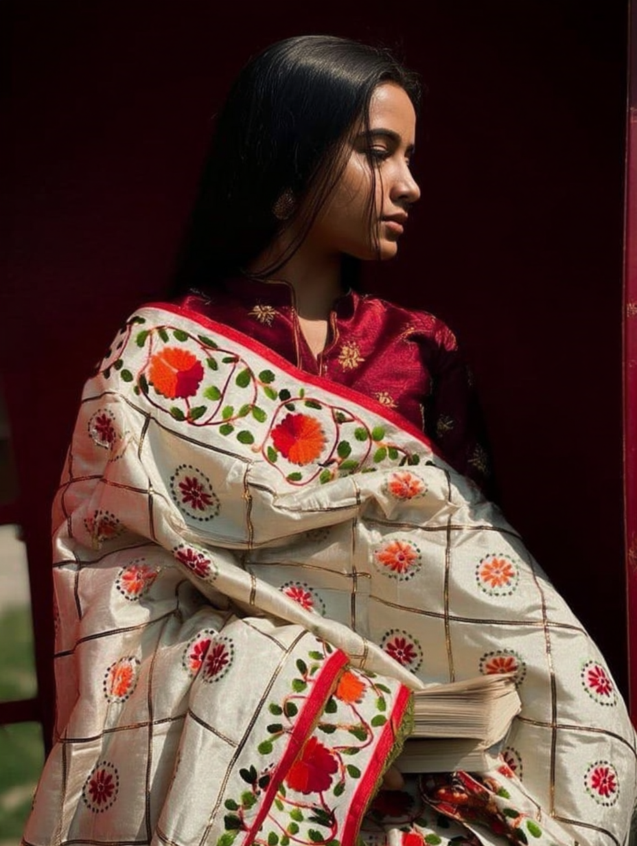 Motifs of Punjab Hand Embroidered Phulkari Dupatta Chanderi Silk Pure