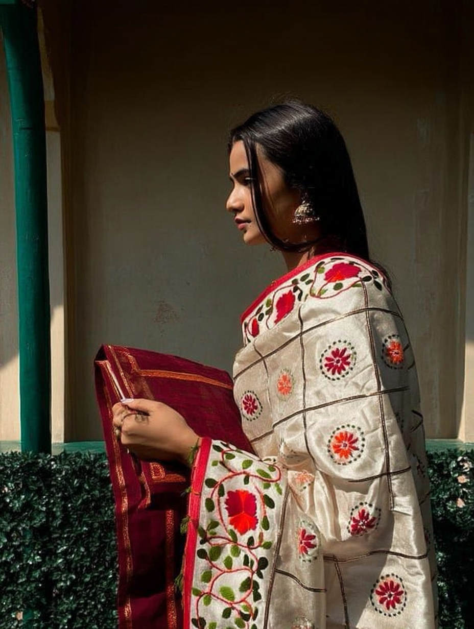 Motifs of Punjab Hand Embroidered Phulkari Dupatta Chanderi Silk Pure