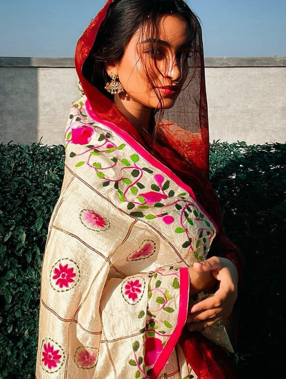 Motifs of Punjab Hand Embroidered Phulkari Dupatta Chanderi Silk Pure