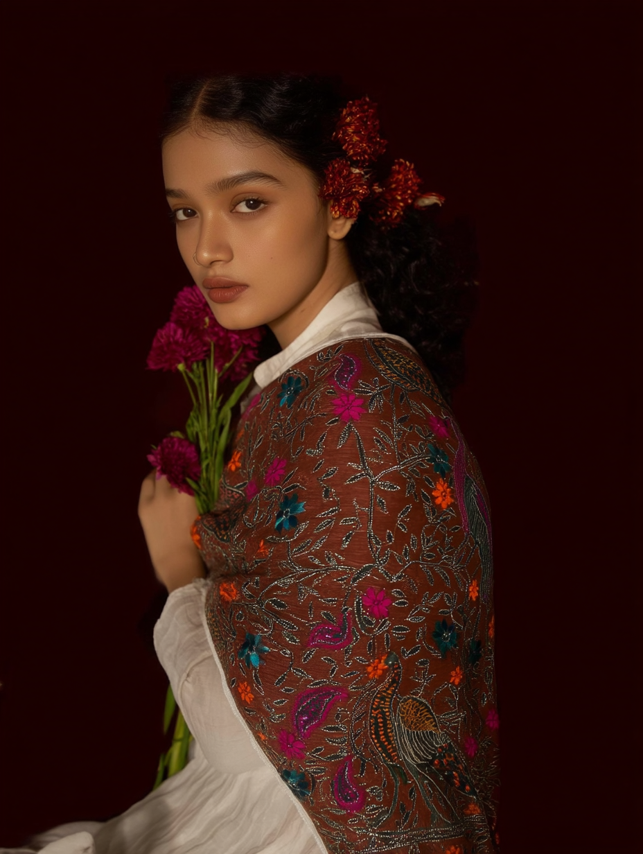 Motifs of Punjab Hand Embroidered Phulkari Dupatta Chanderi Silk Pure