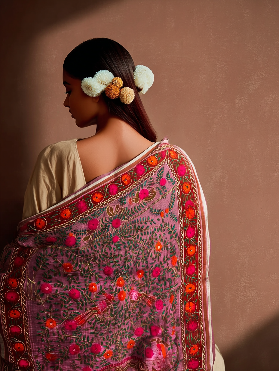 Motifs of Punjab Hand Embroidered Phulkari Dupatta Chanderi Silk Pure