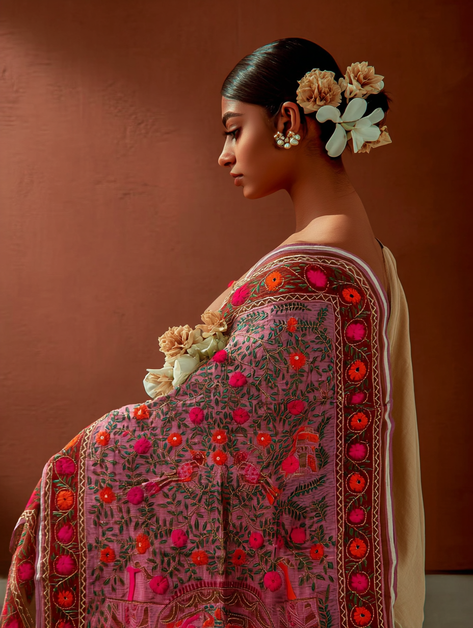 Motifs of Punjab Hand Embroidered Phulkari Dupatta Chanderi Silk Pure