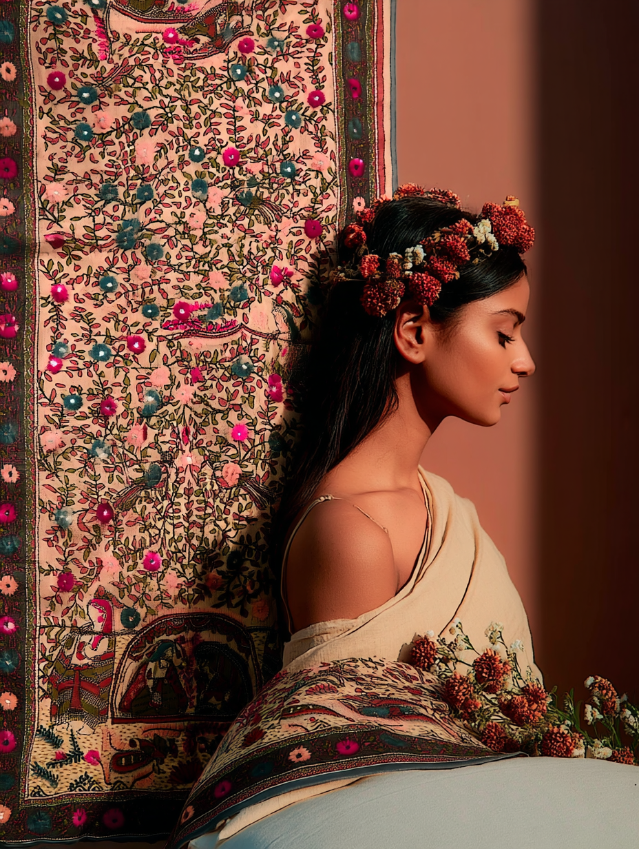 Motifs of Punjab Hand Embroidered Phulkari Dupatta Chanderi Silk Pure