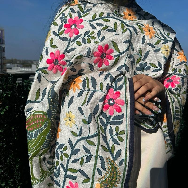 Motifs of Punjab Hand Embroidered Phulkari Dupatta Chanderi Silk Pure