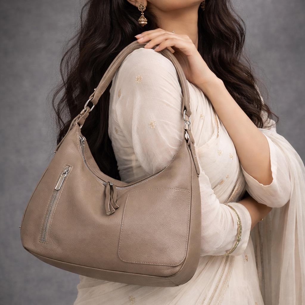 Vanya - Pure Cowhide Leather Bag with Strap and Zipper Detailing - Cowhide Leather